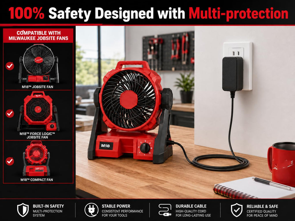 18V Power Adapter Replacement for Milwaukee 23-81-0701 M18 Cordless Fan, Class 2 Power Supply Cord with 9.8Ft Extra Long Cable, Compatible with Milwaukee 0886-20 M18 Jobsite Fan Charger