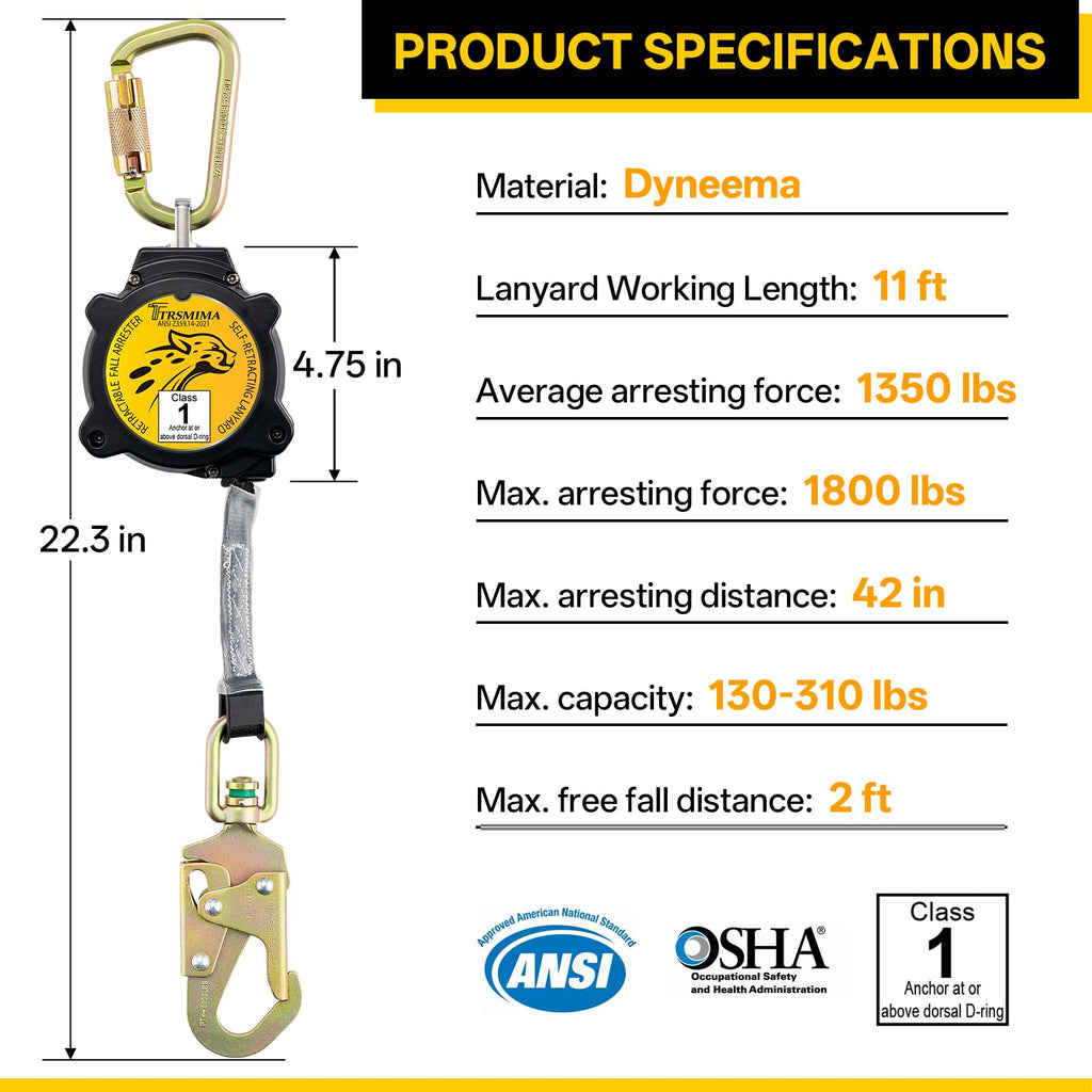 TRSMIMA Retractable Lanyard Fall Protection - Safety Lanyard 11FT Webbing