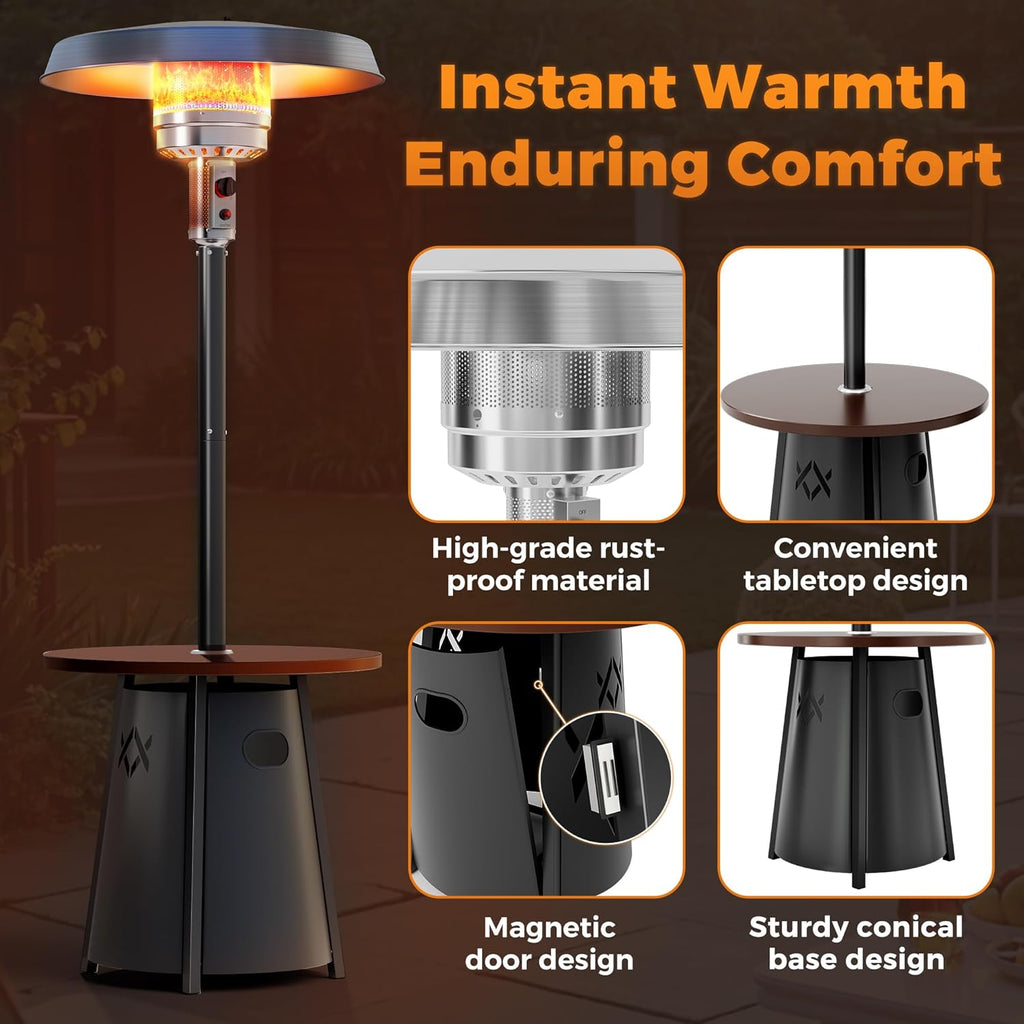 Patio heater, Propane Outdoor Heater with Round Table, Premium 304 Stainless Steel Burner, Triple Protection System，2