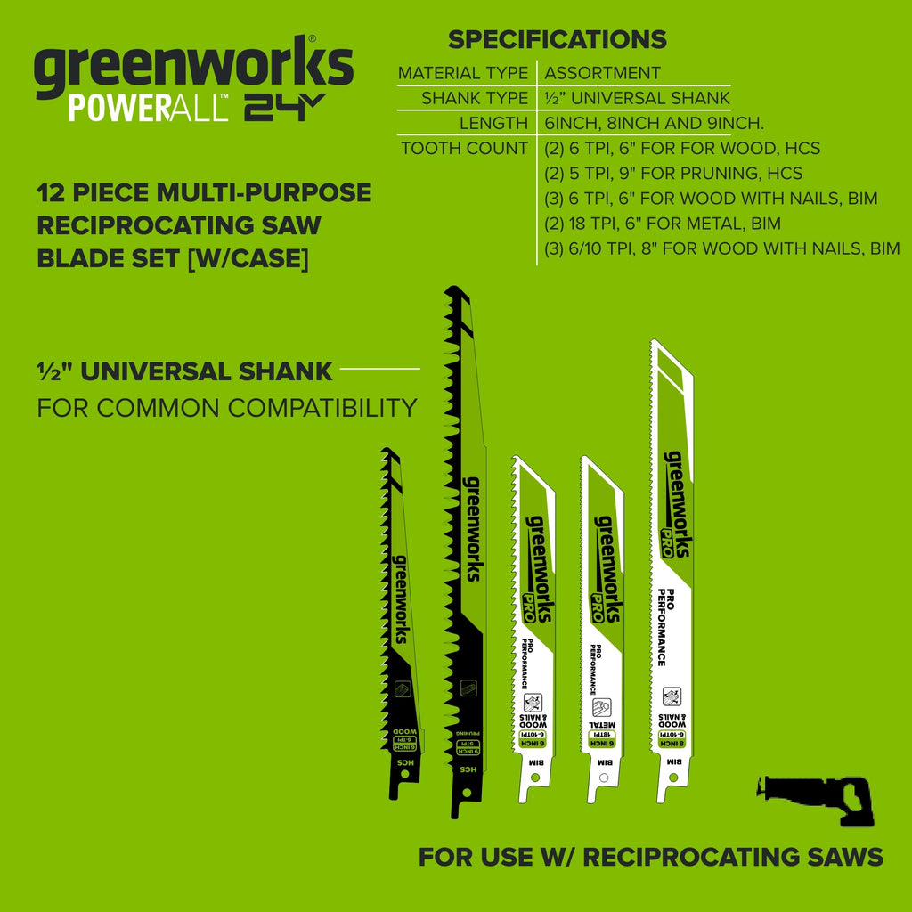 Greenworks 12PC Multi-Purpose Reciprocating Saw Blade Set with Carrying Case, PA53301A1