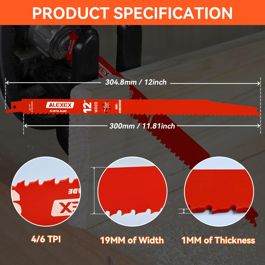 100 Pack 12 Inch 4/6 TPI Reciprocating Saw Blades for Wood and Nail-Embedded Wood Cutting, Bi-Metal Sawzall Blades for Cutting Nail and PVC Pallets etc, for Diablo Sawzall Blades