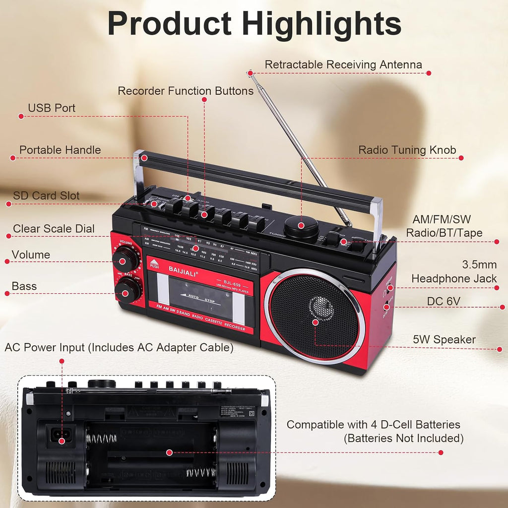 Portable Cassette Player with AM/FM/SW Radio & BT | Boombox for Home and Travel, Record from Radio, Play via SD/USB