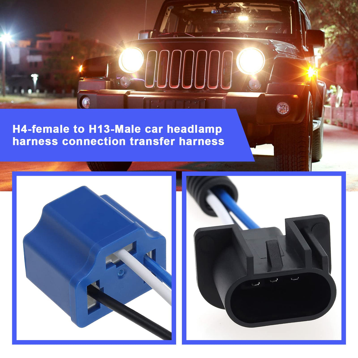 The Lord of the Tools 4Pcs H4 to H13 Headlight Conversion Wiring Harness Connector Replacement Compatible with Jeep Wrangler JK JKU H4 Female to H13 Male Adapter