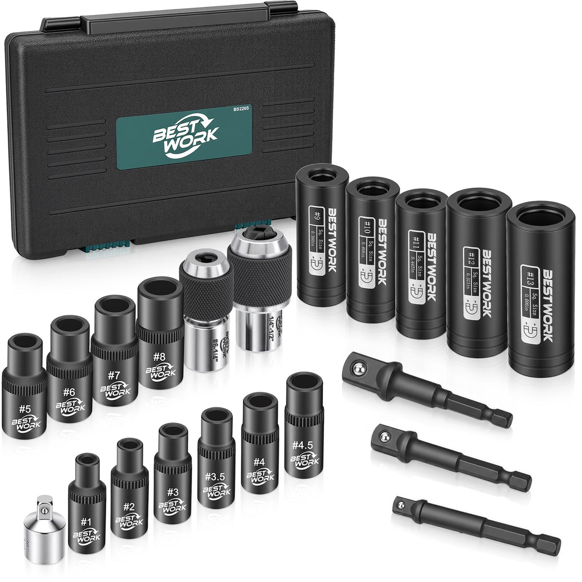 Bestwork 21pcs Tap Socket Set, 1/4", 3/8" & 1/2" Square Drive Tap Socket