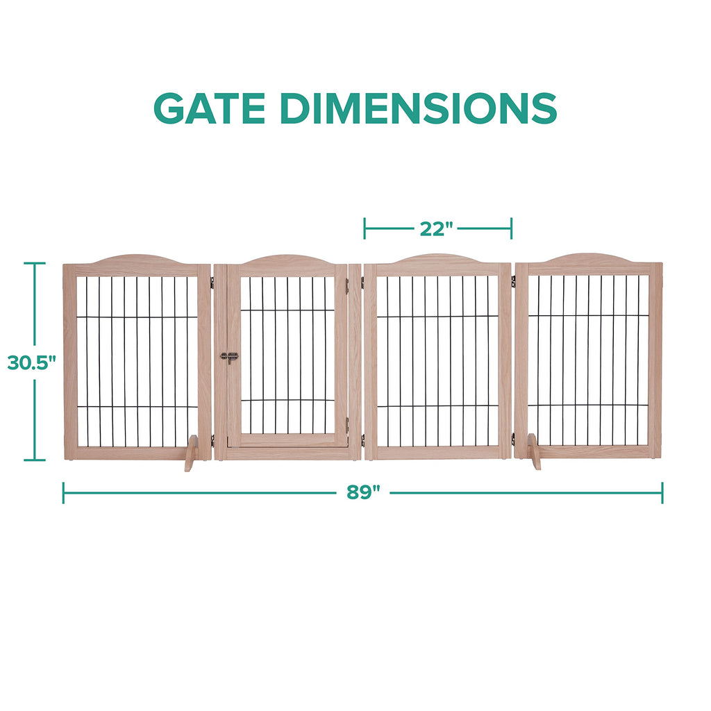 80" Wide x 31.5" Tall 4-Panel Freestanding Solid Wood 360° Configurable Pet & Dog Barrier Gate with Walk-Through Swing Door for Wide Indoor Openings, Hallways & Stairs