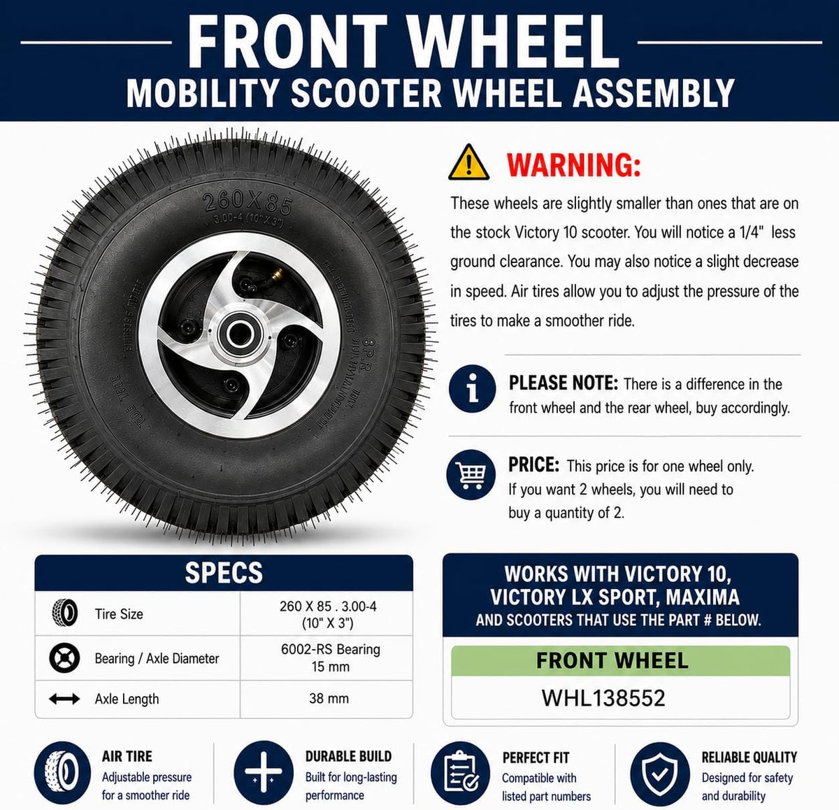 Wheel Assembly For Handicapp Mobility Scooter Wheel (Compatible with Pride Mobility Scooters Victory) with Air Tube 10 X 3 Tire 3.00-4, Split Rim (Front)