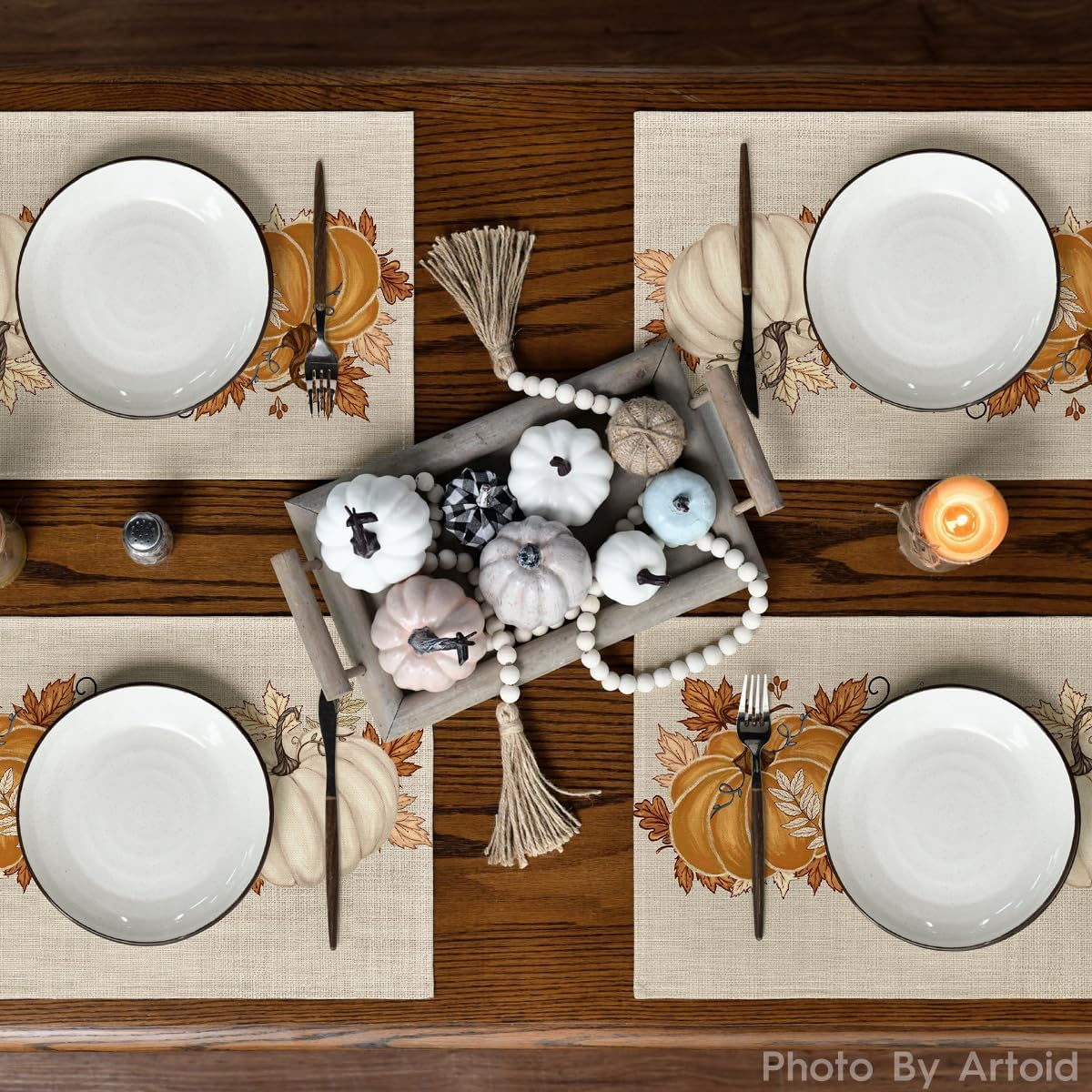Orange Pumpkin Leaves Fall Placemats Set of 4-12 x 18 Inch