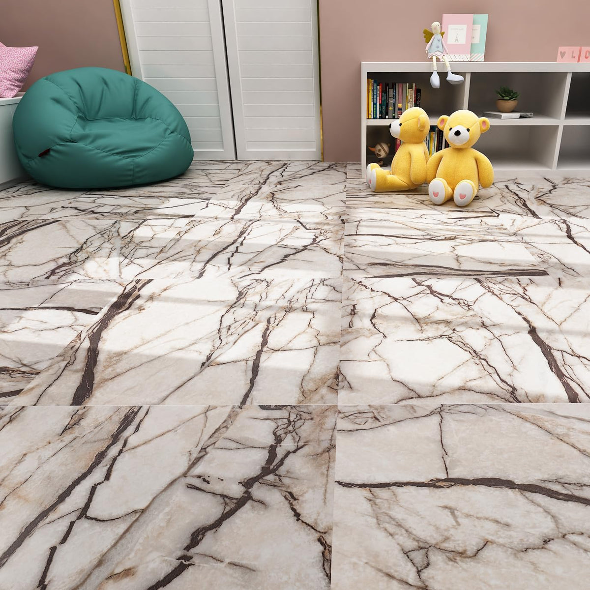 Peel and Stick Floor Tile Marble 12X12 4pcs Beige Black Tan Self Adhesive Floor Tiles Waterproof Vinyl Flooring Sheet