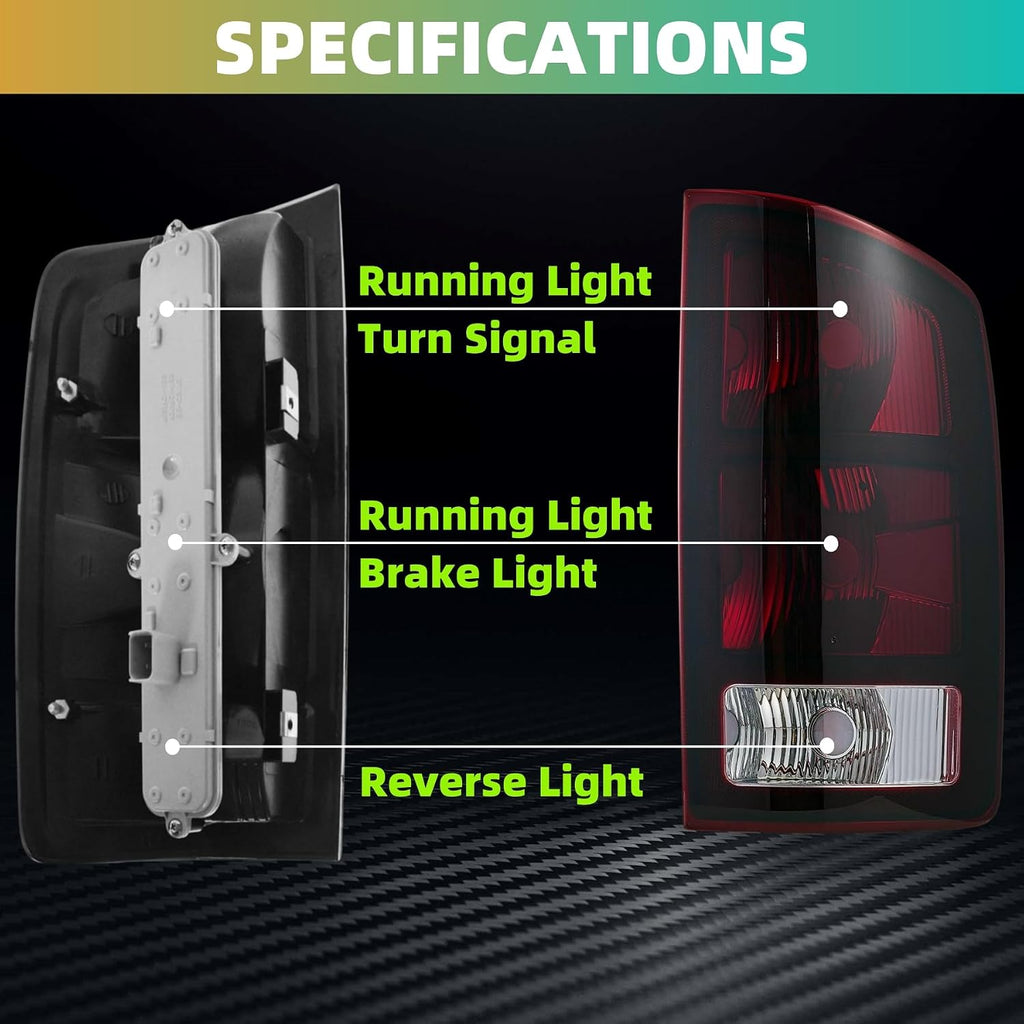 Tail Lights w/Circuit Board For 2002 2003 2004 2005 2006 Dodge Ram 1500 pickup 2003 2004 2005 2006 Dodge Ram 2500 3500 Pickup; Rear Brake Lamps w/Connector plate and Bulbs (Smoke Red)
