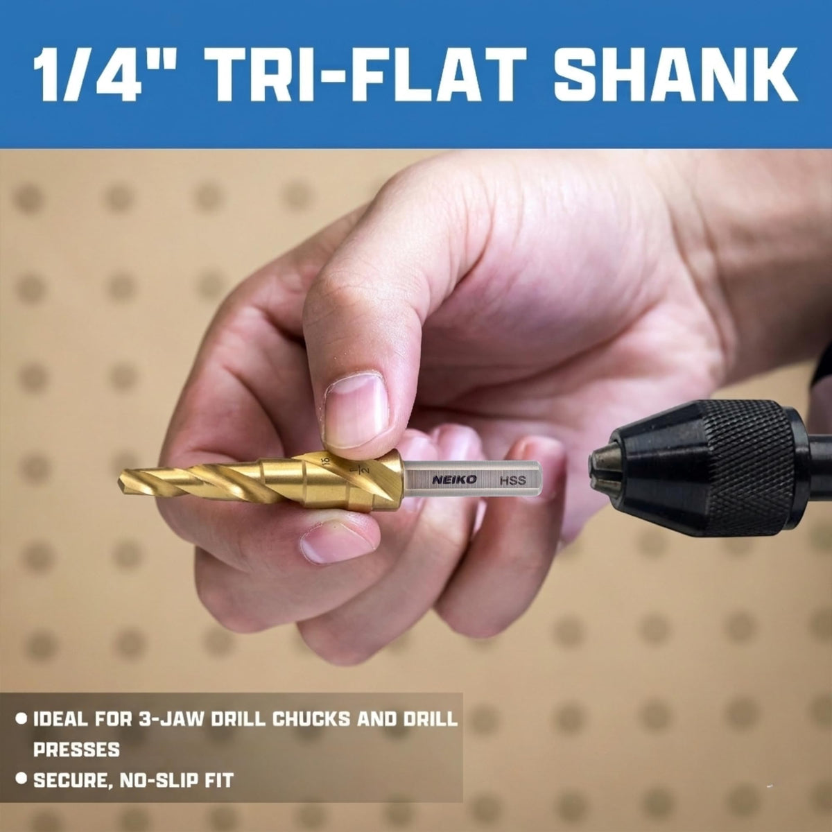 NEIKO 10615A Step Drill Bit, 2 Steps 3/8" to 1/2" Spiral High Speed Steel, Titanium Nitride Coated, 1/4" Tri Flat Step Bits for Steel, Metal, Wood, Plastic, Unibit Cone Drill Bits, Two Flute
