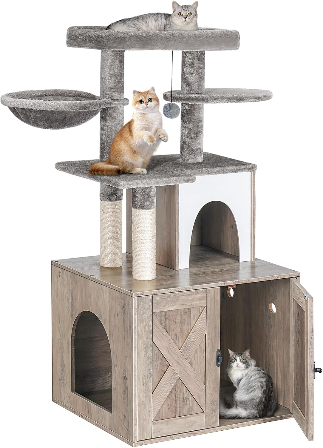 Cat Litter Box Enclosure with Tree Tower and Condo, Hidden Washroom Furniture with Sisal Scratching Post and Soft