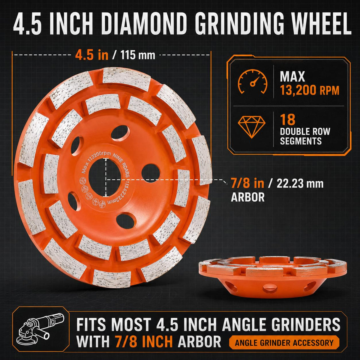 4.5 Inch Double Row Diamond Cup Wheel for Concrete Grinding, 18 Segments
