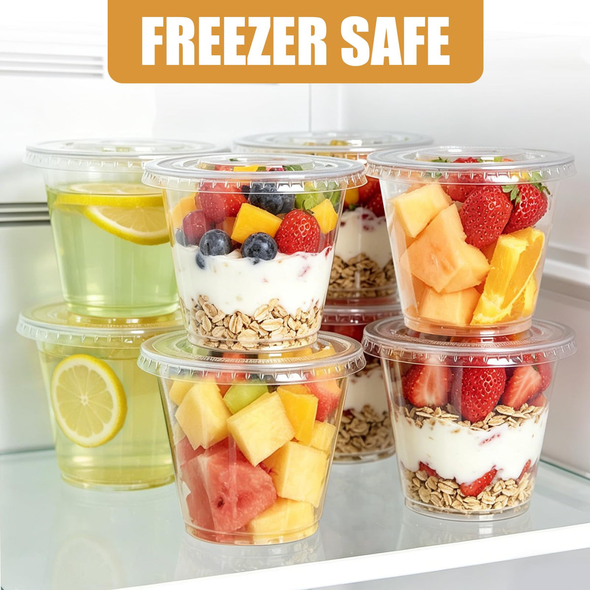 150 Pack 9 oz Clear Plastic Cups with No Hole Flat Lids, Disposable Cups with Lids for Desserts, Snacks, Parfait