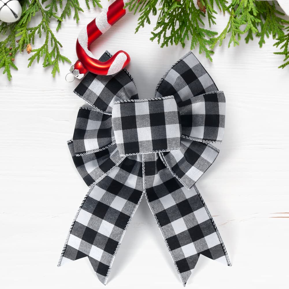 19.6 Yard 2.5 inch Wide Buffalo Plaid Ribbons Wired Edges, 2 Rolls Black and White Checkered Ribbon for Christmas