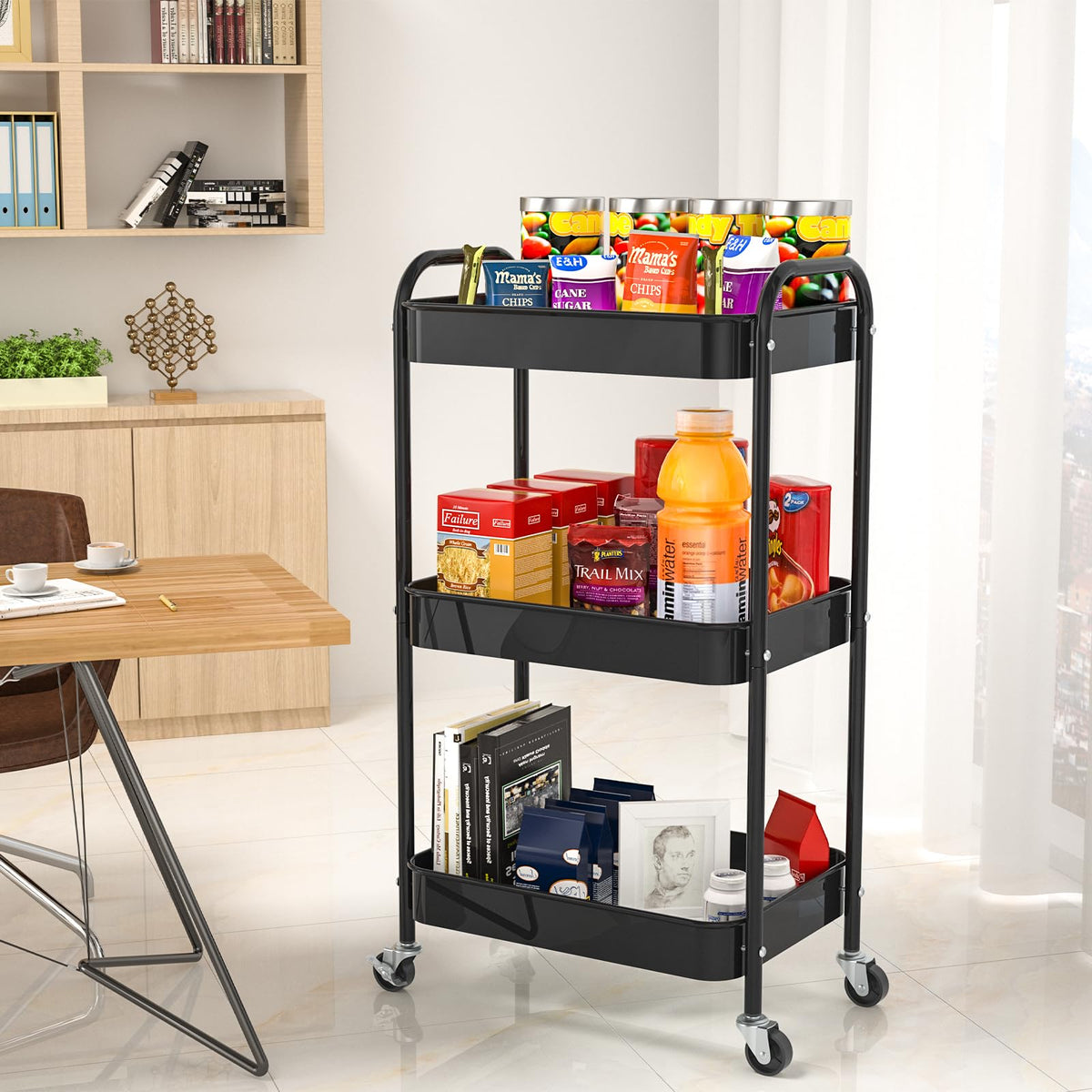 3-Tier Rolling Cart, Metal Utility Storage Carts with Wheels, Black