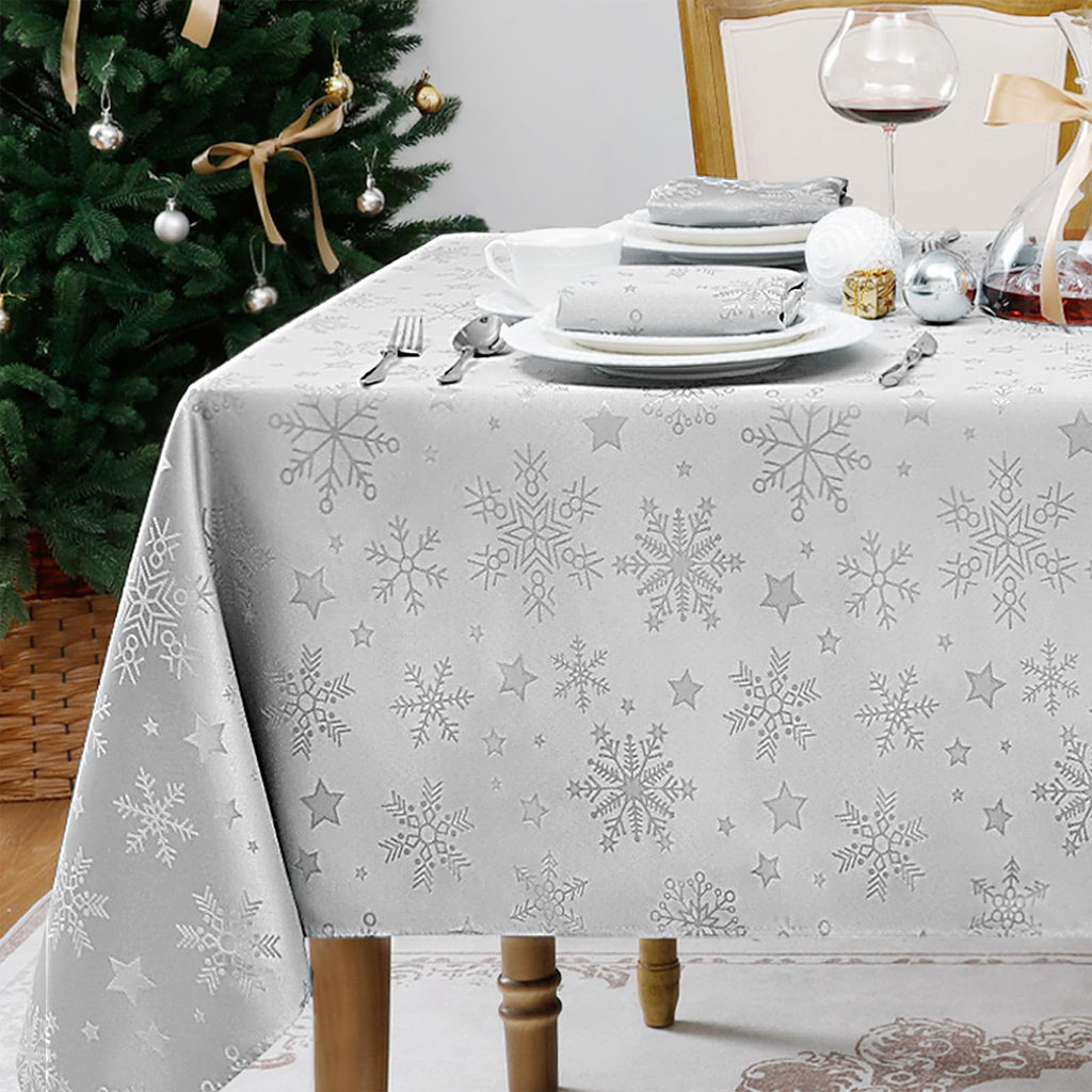 Silver Christmas Jacquard Rectangle Tablecloth with Snowflake