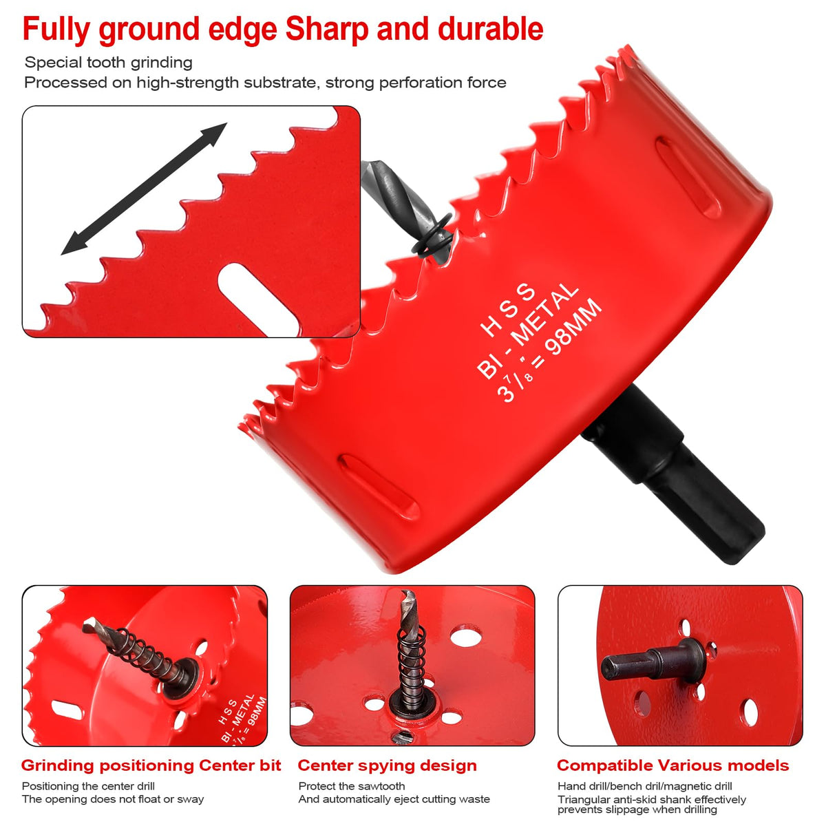 Hole Saw 3 7/8” (98mm) for Wood and Plastic, HSS Bi-Metal Hole Cutter Core Drill Bit for Drywall, PVC Boards, Fiberglass and Vent Pipes
