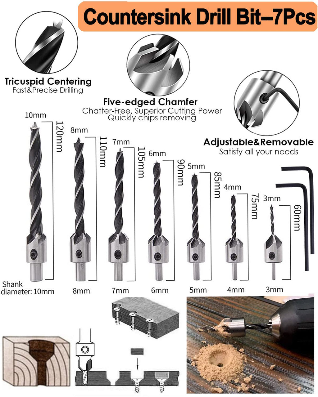 SHITIME 34 Pack Woodworking Chamfer Drill Bit Set with Countersink Bits