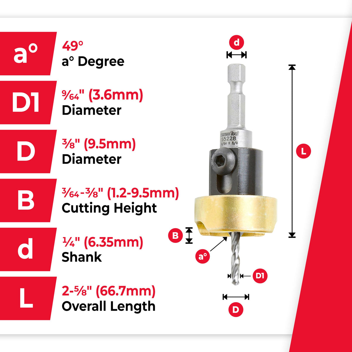 Amana Tool 82 Degree Countersink with Drill Bit Depth Stop and No-Thrust Ball Bearing, 55228, 3/8 D x 9/64 Drill D x 1/4 Inch Quick Release Hex Shank