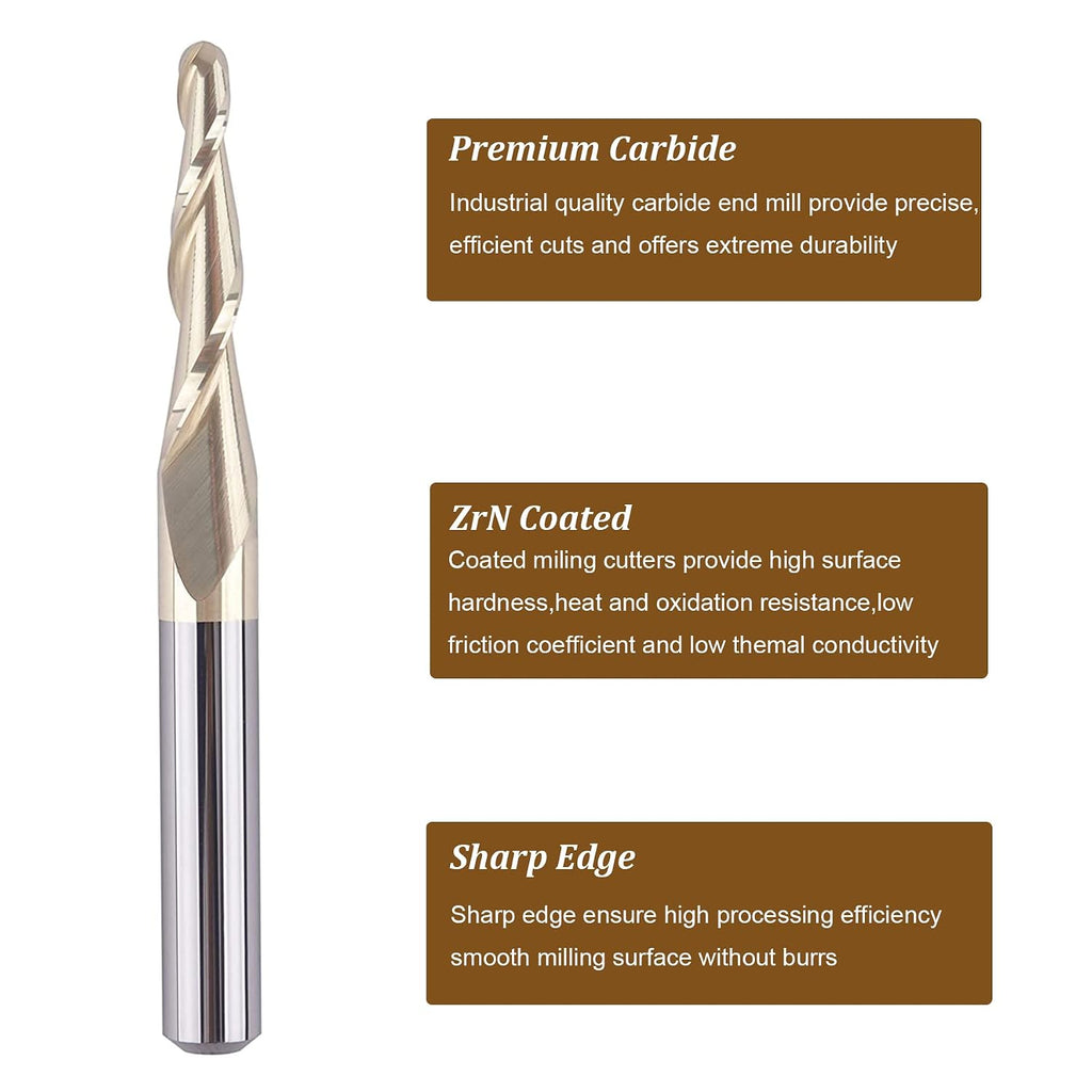 SpeTool Tapered Ball Nose End Mill 1/4" Shank with 1/16" Cutting Radius for 3D Carving Engraving Router Bit, ZrN Coated