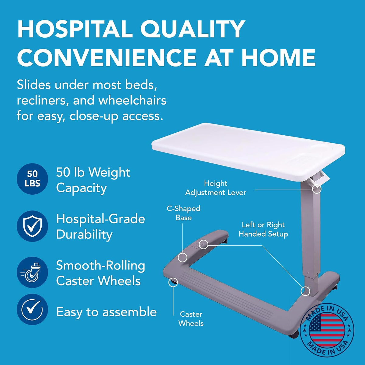 Rolling Overbed Table, Hospital Bed Table, Laptop Tables for Recliner, Bed, Bedside and Sofa, Computer Tables