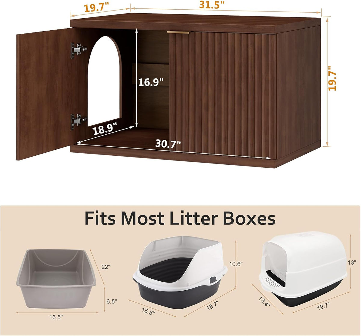 Cat Litter Box Enclosure,Modern Fluted Accent,Reddish Brown