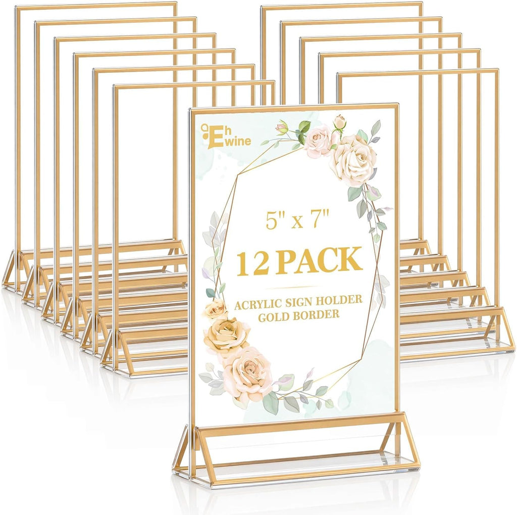 12 Pack 5x7 Gold Acrylic Sign Holders, Double-Sided Tabletop Stand