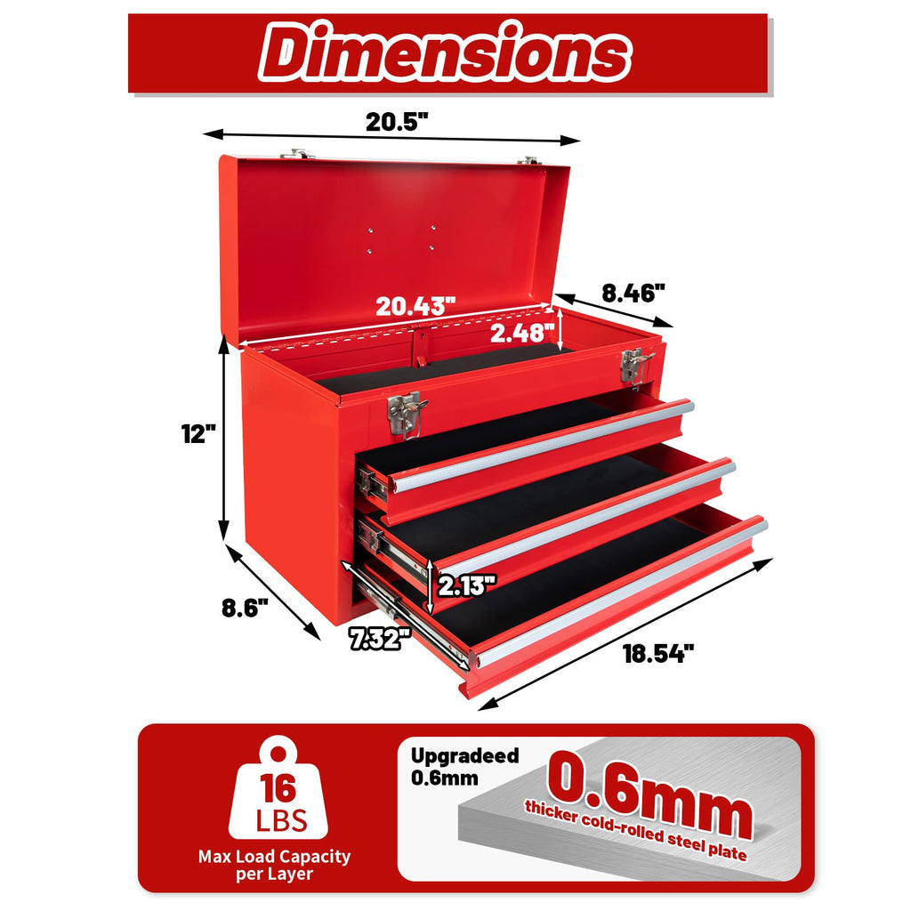 Portable Metal Tool Box with 3 Drawers, 20.5-Inch Steel Tool Chest with Top Storage, Ball Bearing Slides, Dual Latch