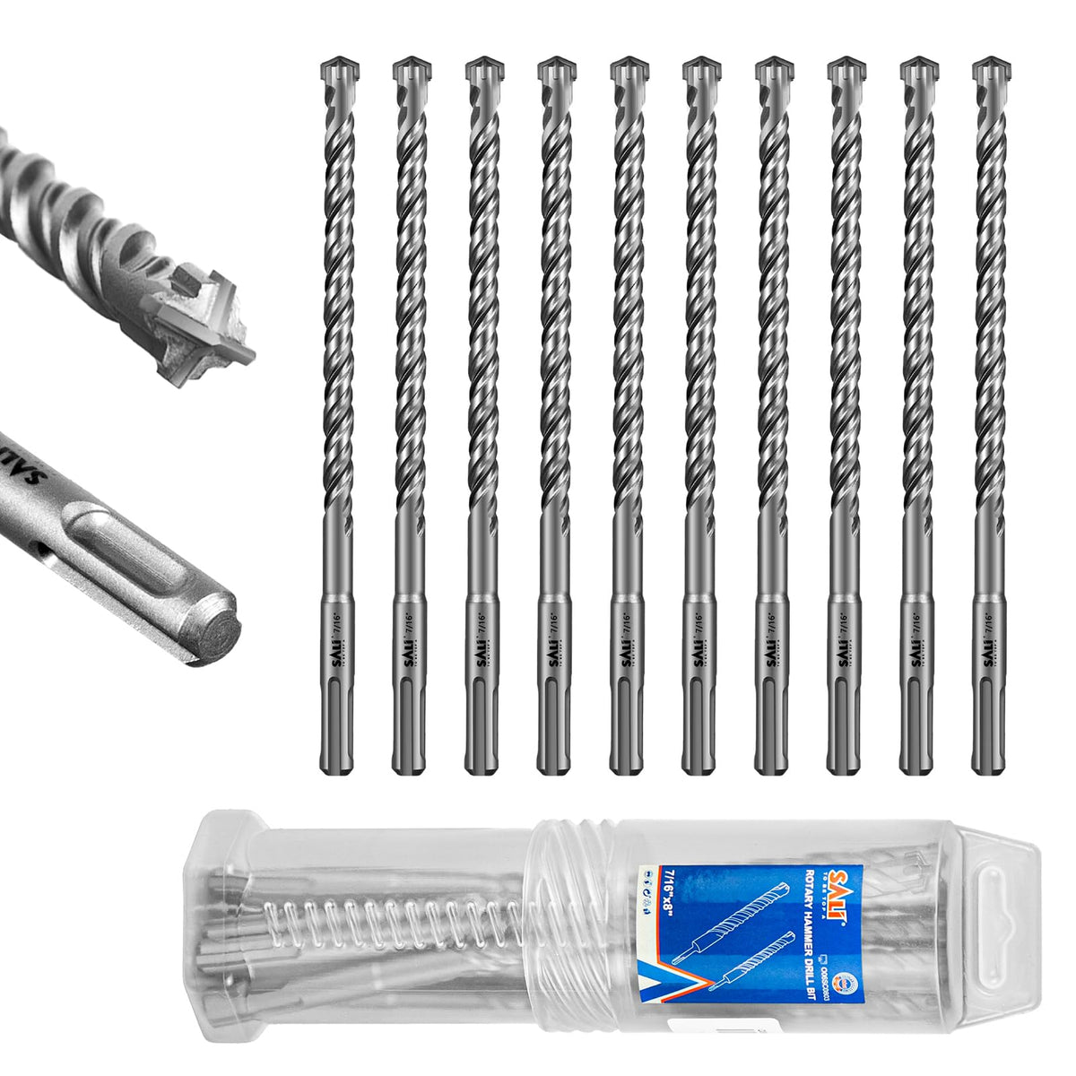 SALI 10PCS 7/16"*8" SDS Plus Rotary Hammer Drill Bit Concrete Drill Bit Kit Cross-Type Double Thread Carbide Material Suitable for Brick, Cement Walls, Stone, Hammer Drill Bits