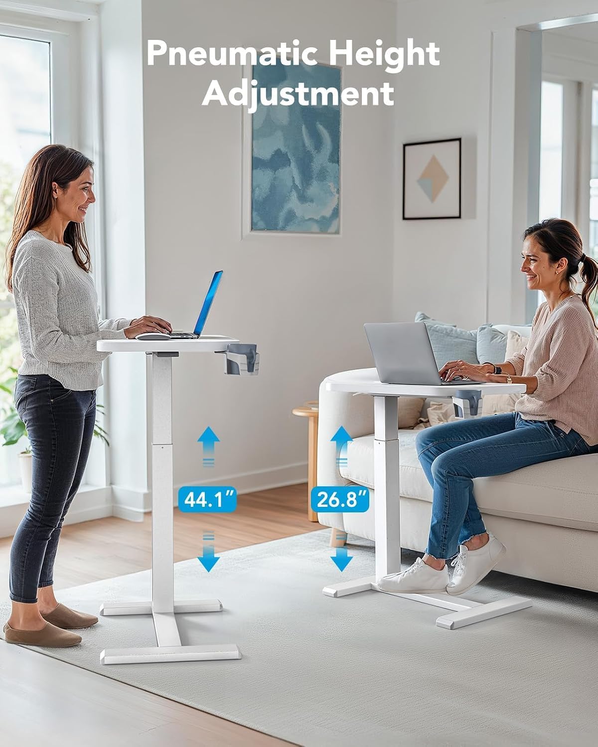 32Inch Bedside Table with Wheels, Height-Adjustable Rolling Computer Cart, Overbed Table with Cup Holder, Pneumatic