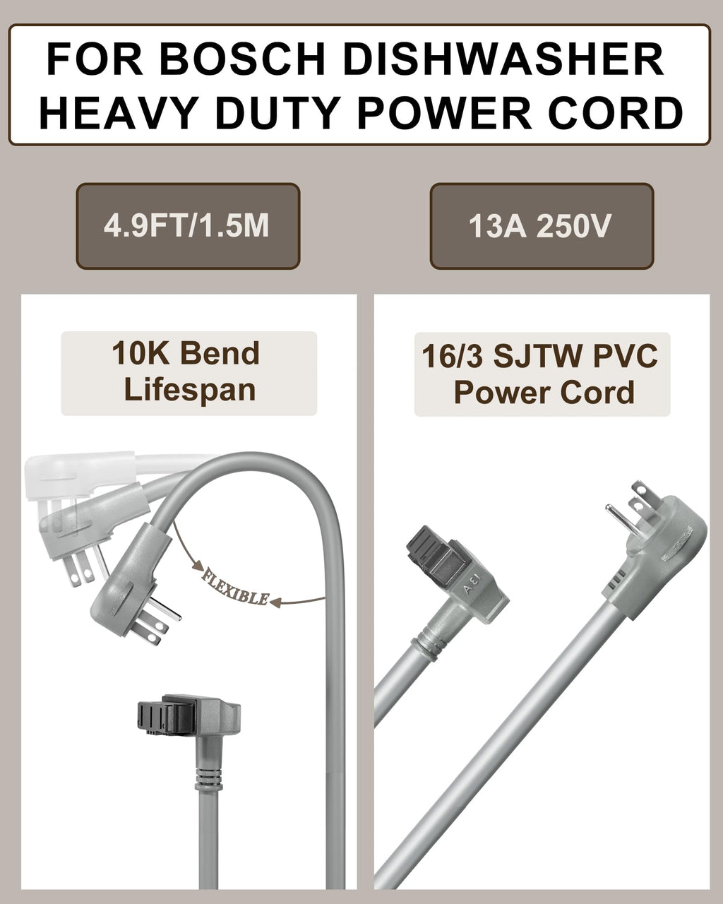 VHBW for Bosch Dishwashers Power Cord SMZPC002UC-00747210, Compatible with 24'' Bosch 800/300/500 Series Power Cord, Works with 00752018 Junction Box Plug Adapter (13A-16AWG)