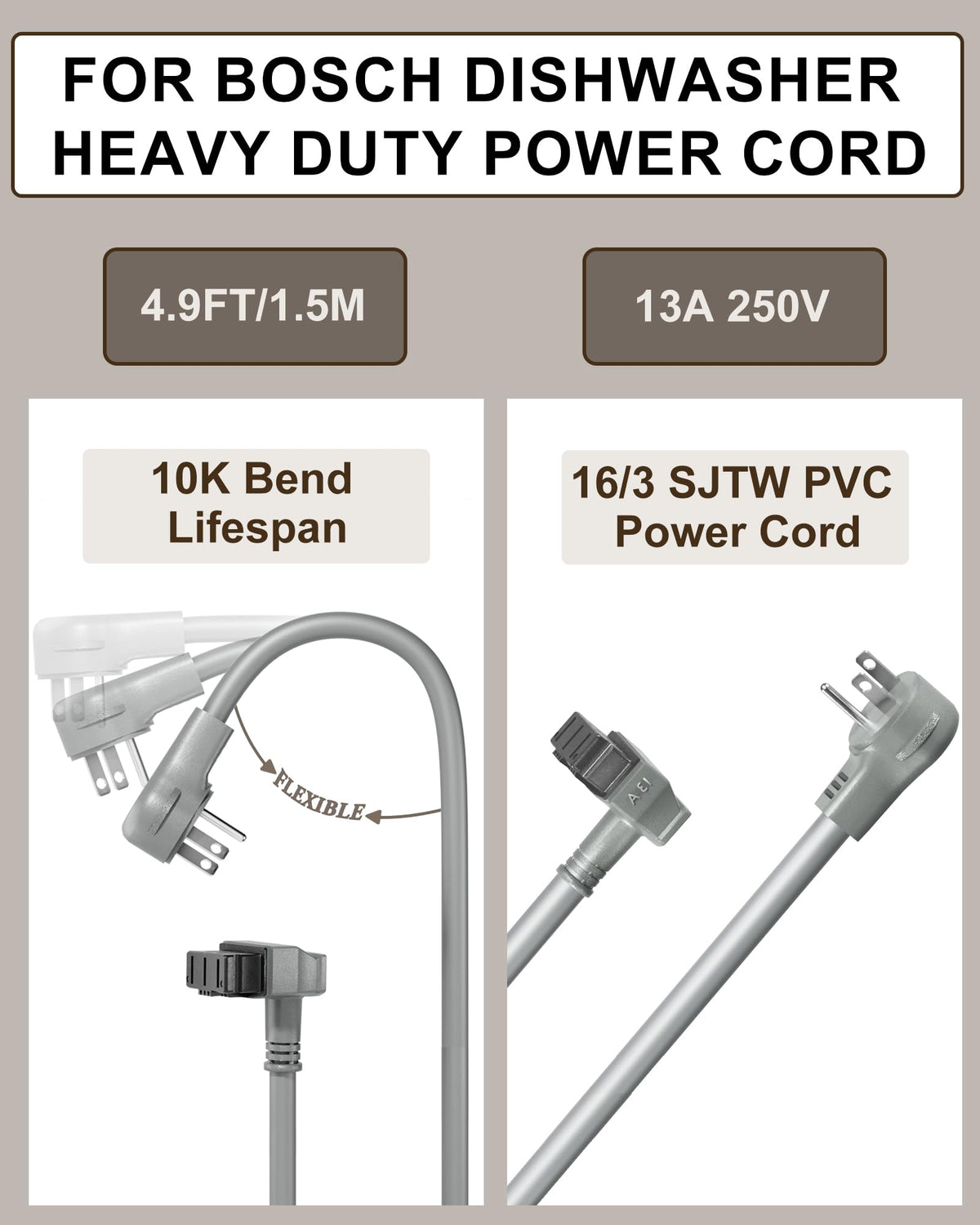 VHBW for Bosch Dishwashers Power Cord SMZPC002UC-00747210, Compatible with 24'' Bosch 800/300/500 Series Power Cord, Works with 00752018 Junction Box Plug Adapter (13A-16AWG)
