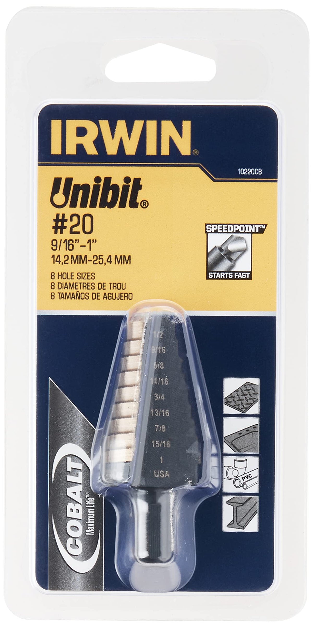 Irwin Tools IRWIN 10220CB Unibit 1/16-Inch Hole Enlarging 8-Steps Cobalt Alloy Steel Step Drill Bit