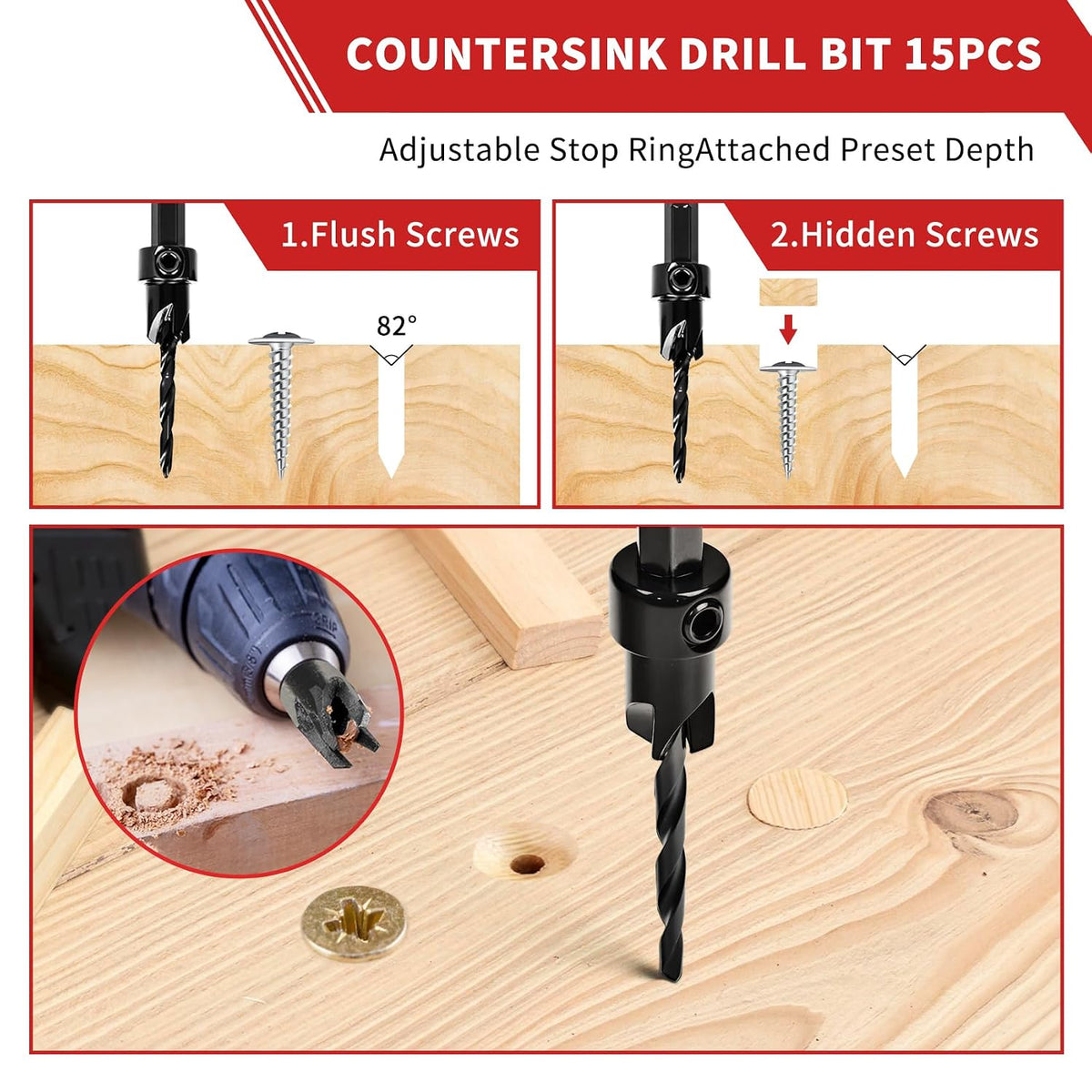 Countersink Drill Bit Set, 15PCS Adjustable Tapered HSS Drill Bit Set for Woodworking, with Nitrided Surface, Wood Plug Cutters 1/4" Hex Shank Quick Change, for Wood Drilling with Storage Box