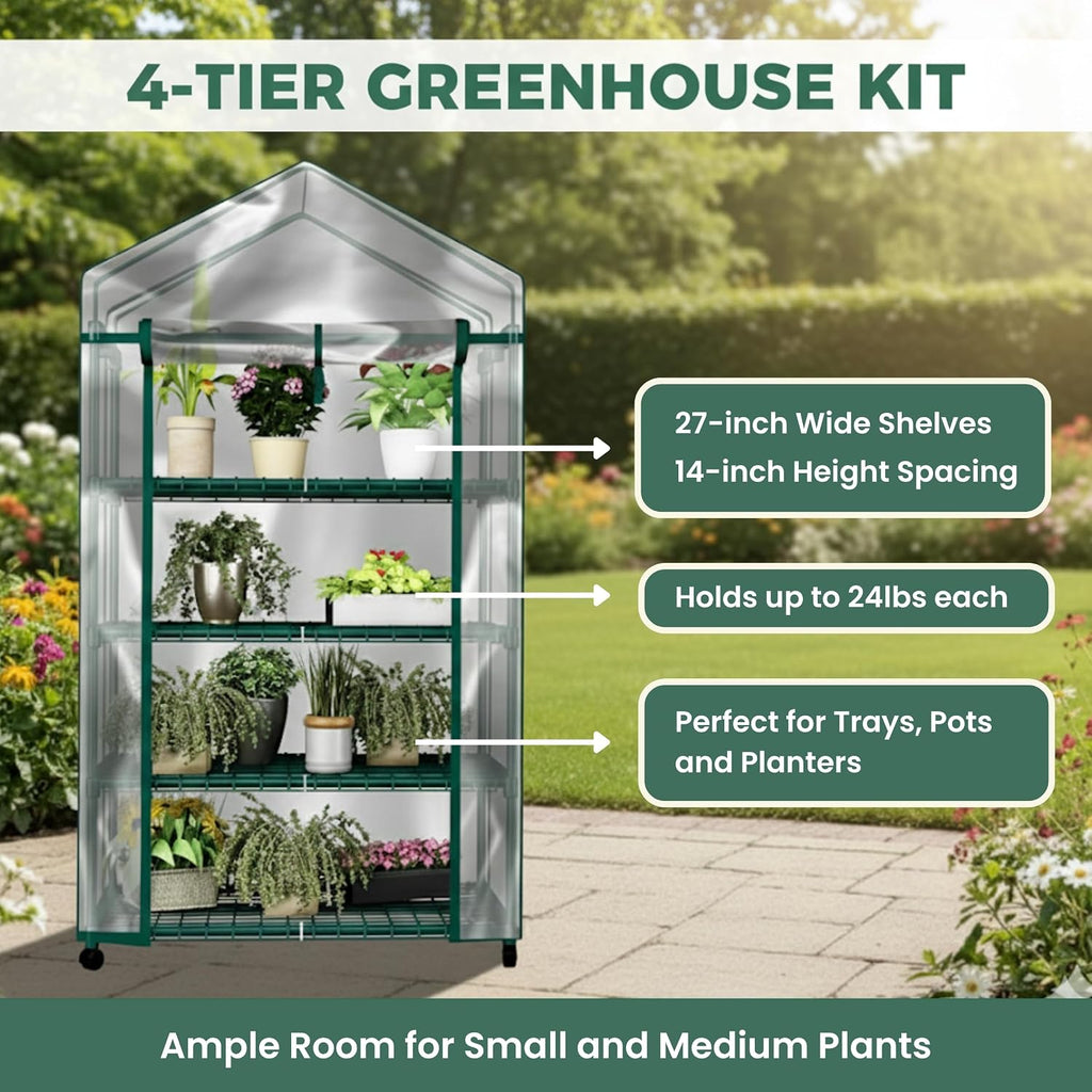 4 Tier Mini Greenhouse - Portable Greenhouse with Locking Wheels and PVC Cover for Indoor or Outdoor Green House by