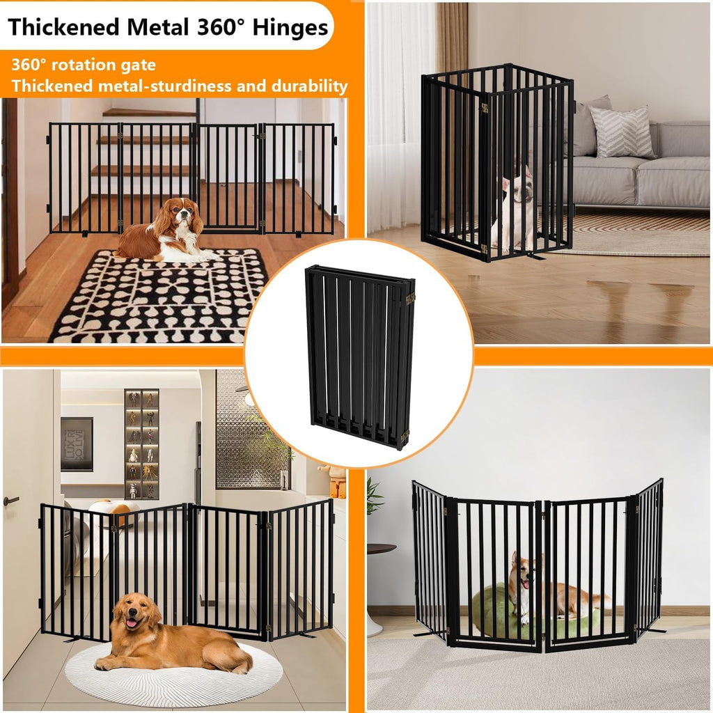 36" Tall Freestanding Heavy-Duty Steel Folding Pet & Dog Barrier Gate with Walk-Through Swing Door for Wide Indoor Openings, Hallways & Stairs