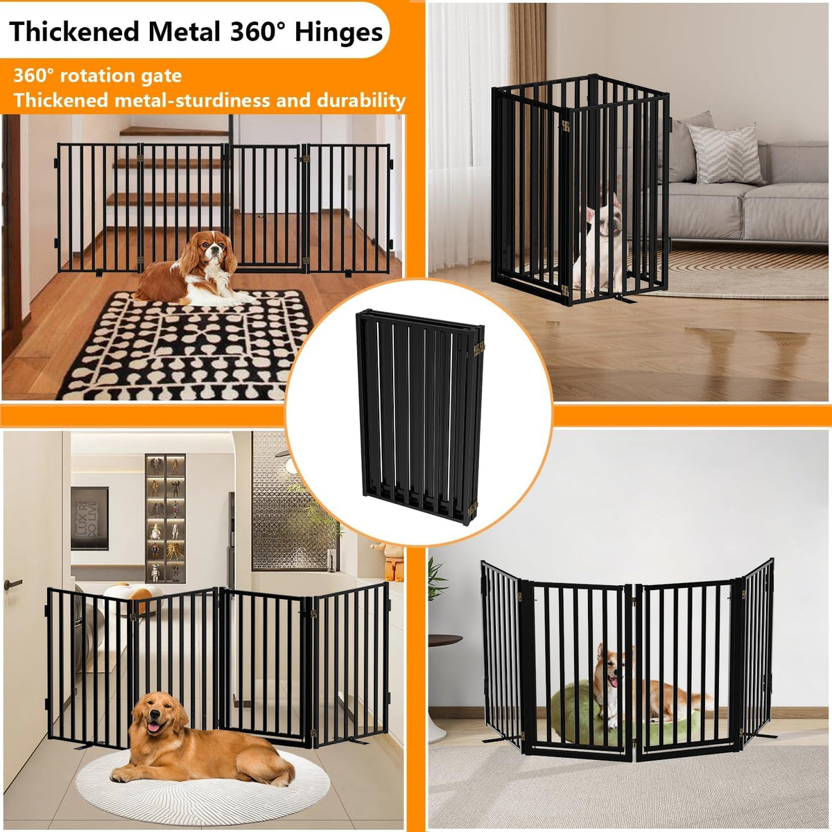 36" Tall Freestanding Heavy-Duty Steel Folding Pet & Dog Barrier Gate with Walk-Through Swing Door for Wide Indoor Openings, Hallways & Stairs