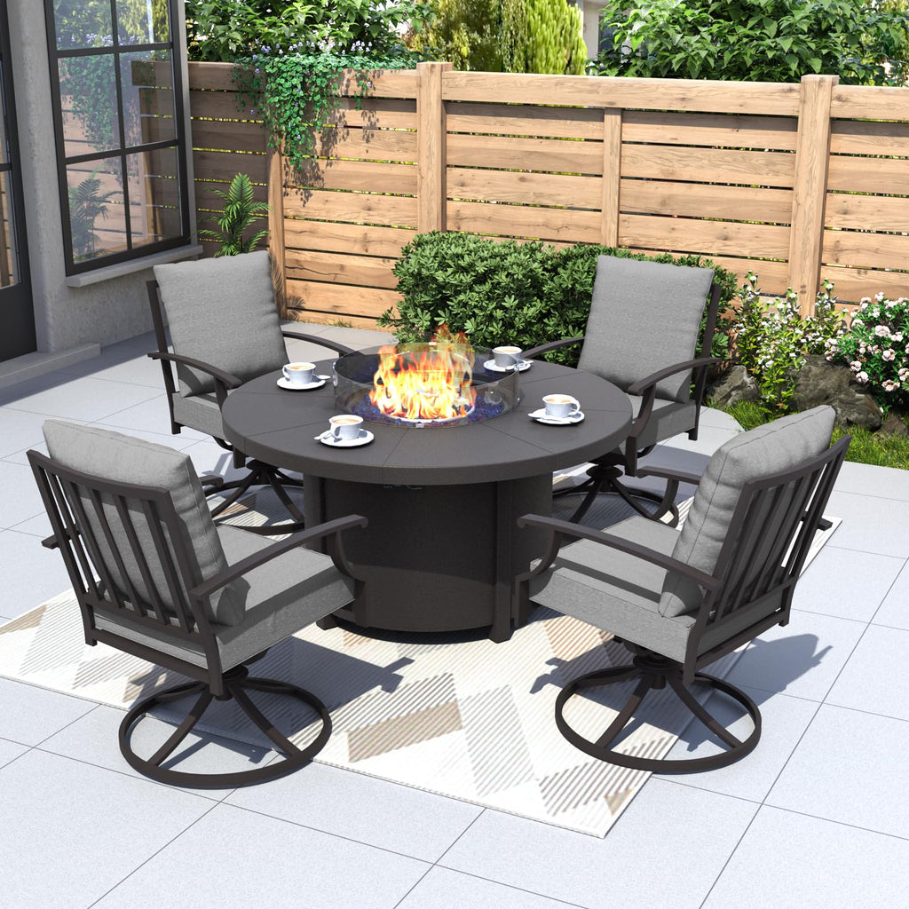 5 Piece Metal Outdoor Patio Furniture Set with Round Fire Pit Table, Patio Conversation Sets 4 Swivel Chairs with