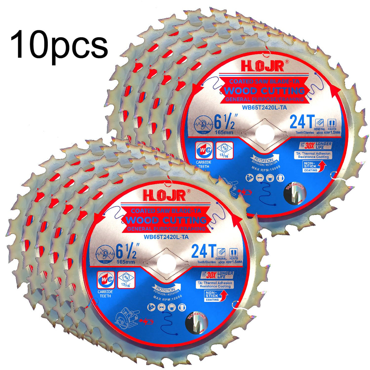 HOJR 10-Pack 6-1/2" 24-Tooth 5/8“ Arbor Woodworking Circular Saw Blade,Framing/General Purpose, Special Anti-Thermal Adhesion Coating on Cutting Edge - TA,High Finish,Long Life,6-1/2" 24T 5/8"