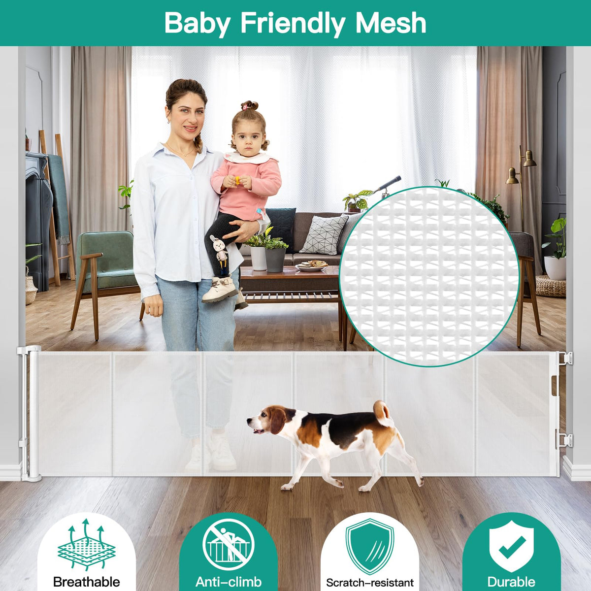 24" Tall x 150" Extra-Wide Retractable Indoor Mesh Pet & Child Safety Gate with One-Hand Safety Lock for Wide Openings, Patios & Stairways