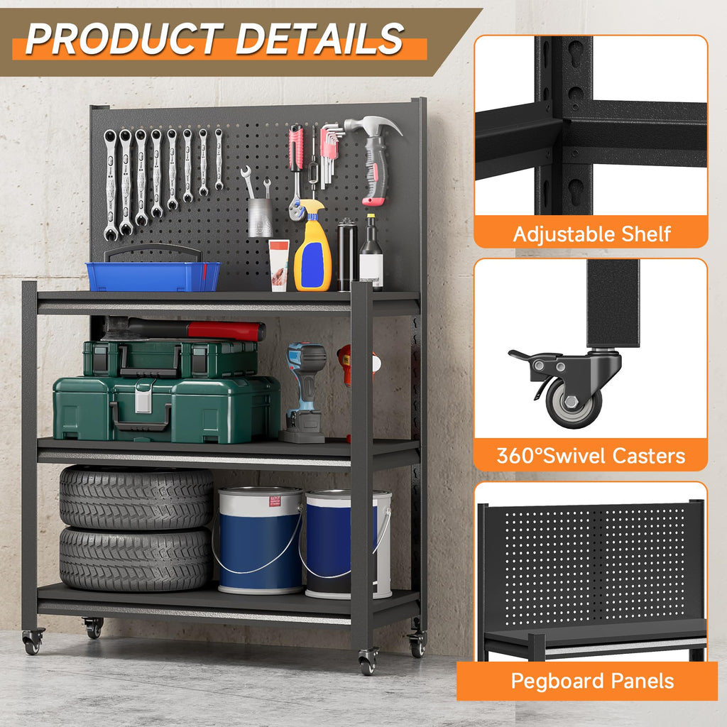 Workbench with Pegboard, Adjustable Heavy Duty Work Table with Wheels, Heavy Duty Workstation, Metal Tool Work Bench