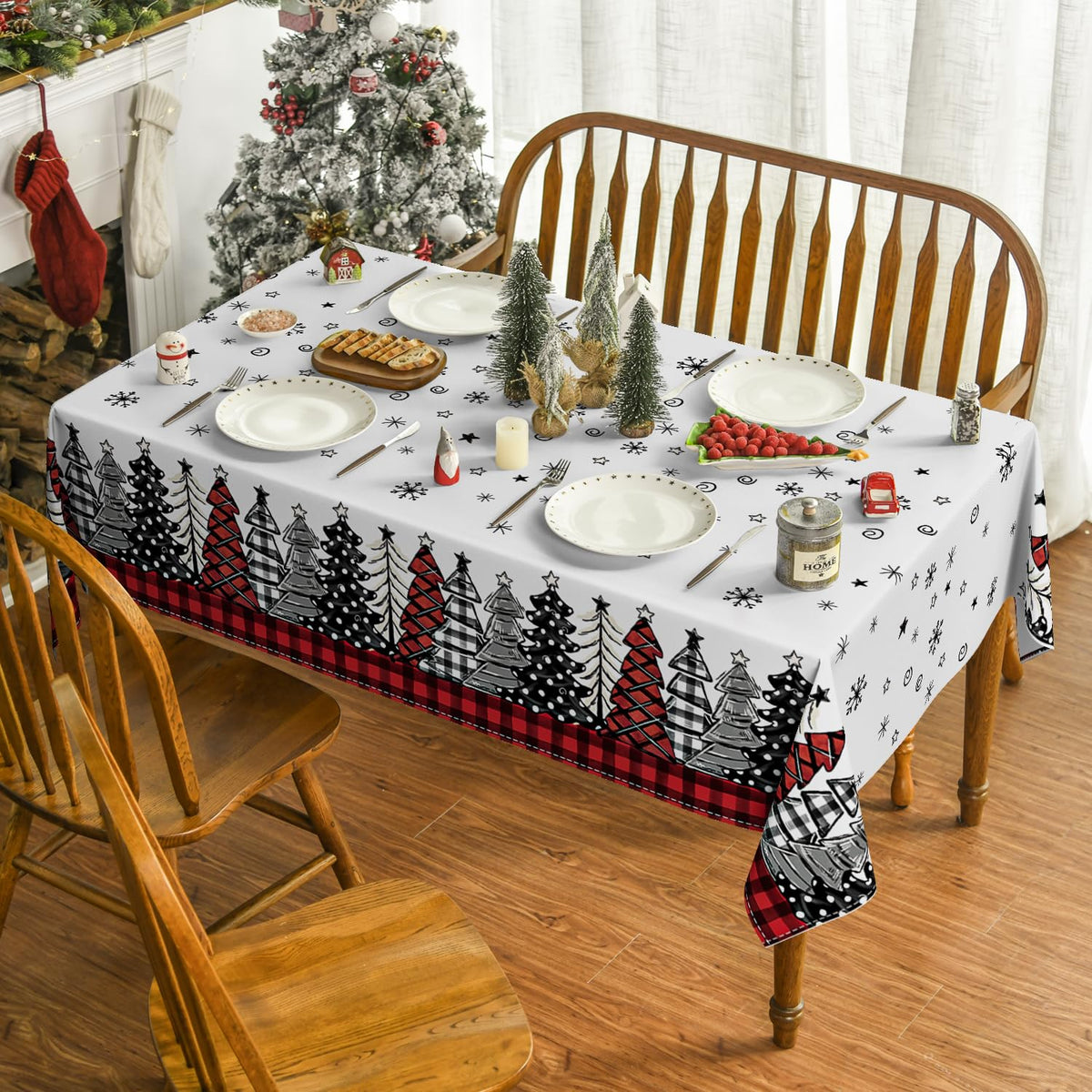 Christmas Tablecloth 60×84 Inch, Christmas Trees Buffalo Plaid Red Washable Table Cover for Party Picnic Dinner Decor