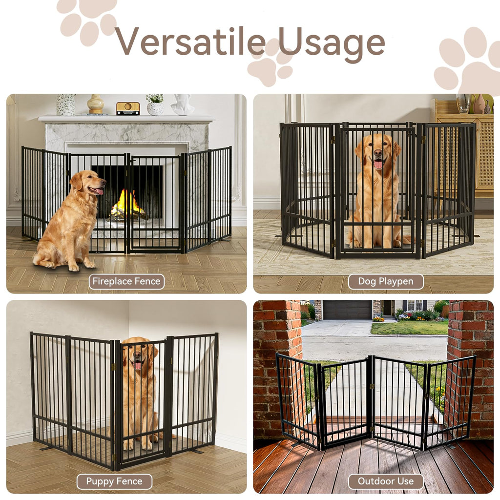 4-Panel Freestanding Heavy-Duty Steel Folding Pet & Dog Barrier Gate with Walk-Through Swing Door for Wide Indoor Openings, Hallways & Stairs