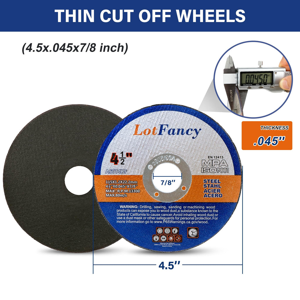 LotFancy Cut Off Wheels 4 1/2 inch, 10 Angle Grinder Cutting Disc, Cutting Wheels for Metal and Stainless Steel, Welding Accessories, Thin Kerf, Flat T1 Cut-Off Tool, 4.5 x .045 x 7/8”