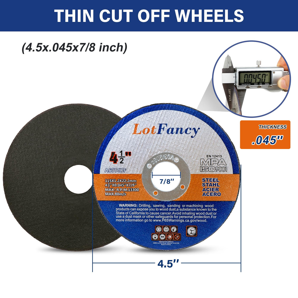 LotFancy Cut Off Wheels 4 1/2 inch, 10 Angle Grinder Cutting Disc, Cutting Wheels for Metal and Stainless Steel, Welding Accessories, Thin Kerf, Flat T1 Cut-Off Tool, 4.5 x .045 x 7/8”