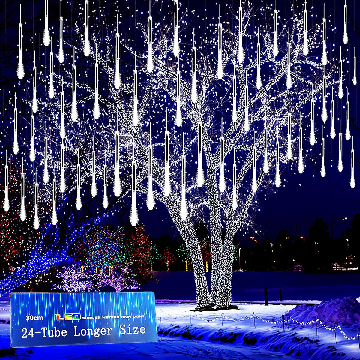 Christmas Lights Outdoor, 24 Tubes Meteor Shower Lights for Xmas Decoration | Equal to 3 Sets of 8-Tubes, Waterproof