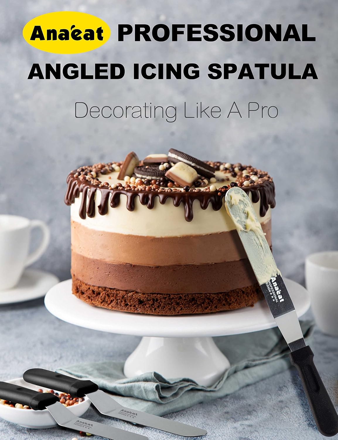 Icing Spatulas, Set of 3 Professional Cake Angled Offset Spatula with 6", 8", 10" Stainless Steel Blades - Thickened