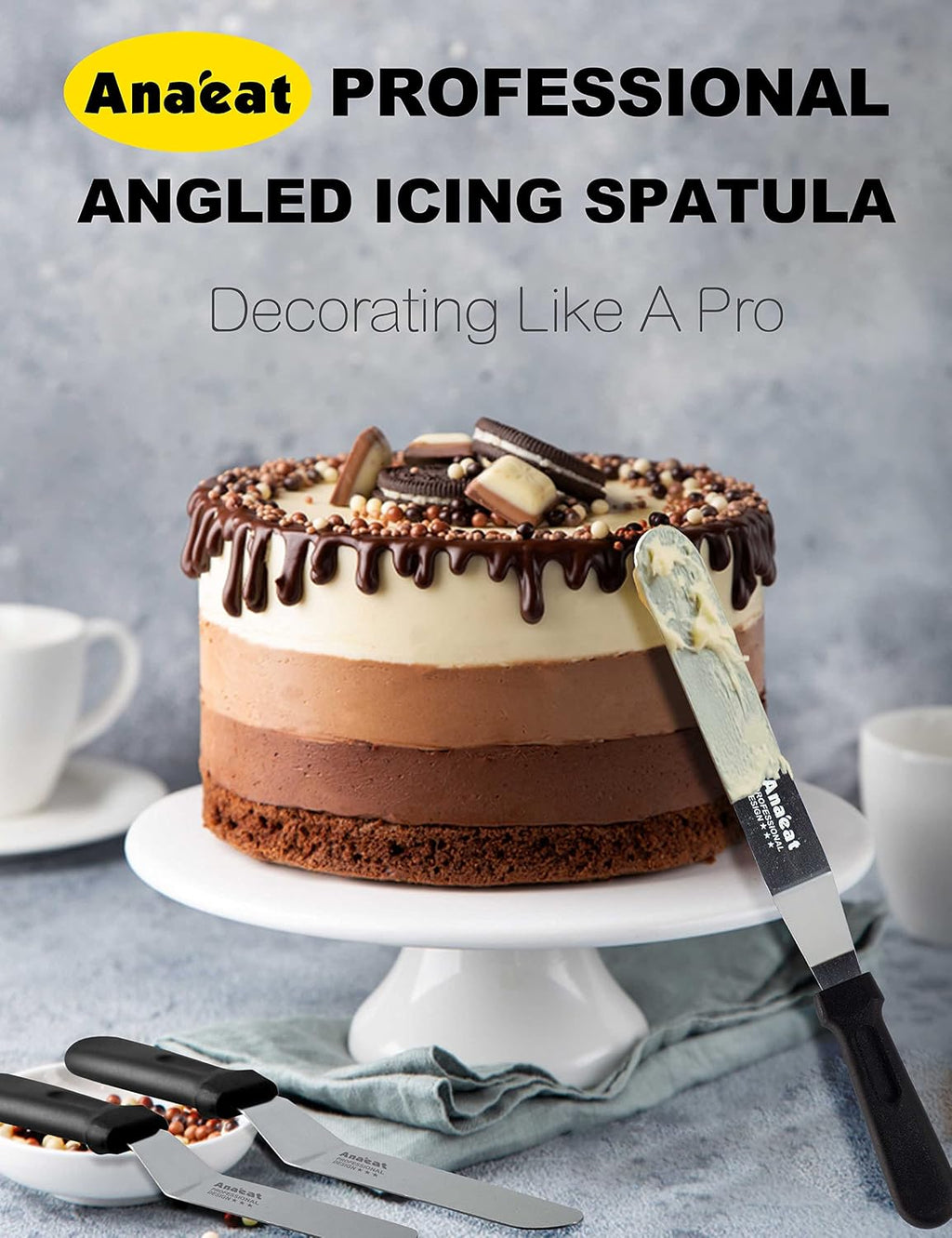 Icing Spatula, 3 Pieces Professional Angled Offset Frosting Spatulas with 6", 8", 10" Stainless Steel Blades & 4 Pack