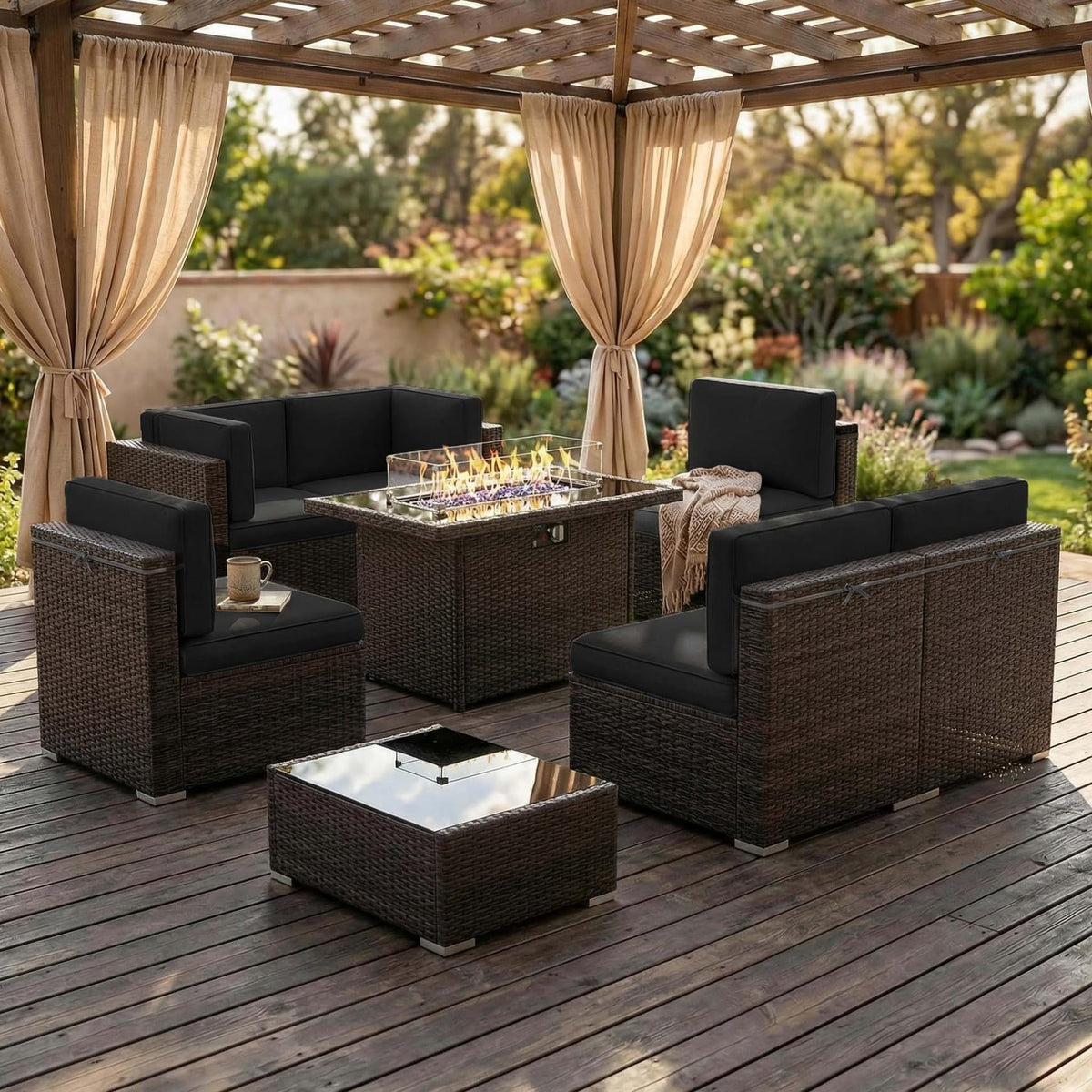 8 Pieces Patio Furniture Set with 44" Propane Gas Fire Pit Table