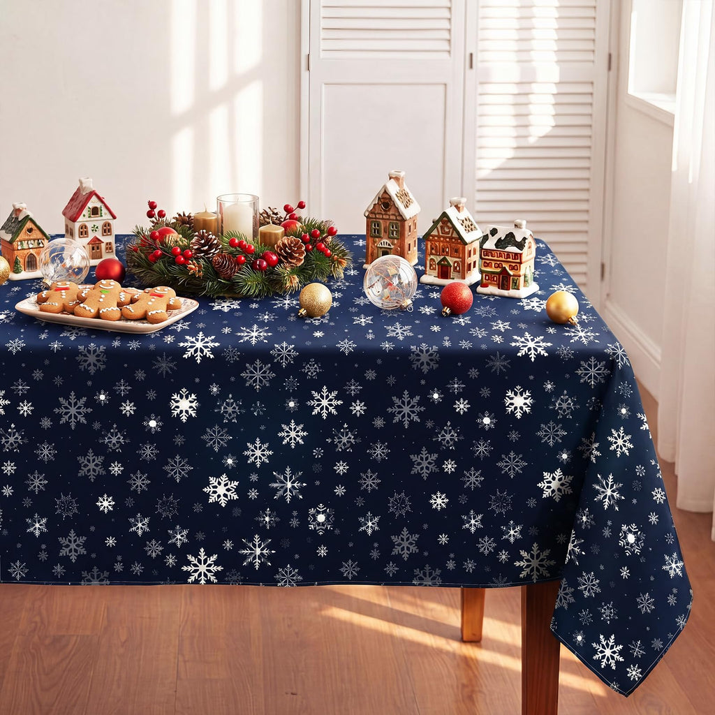 Christmas Tablecloth 60 x 84 Inch, Navy Blue Snowflake Rectangle
